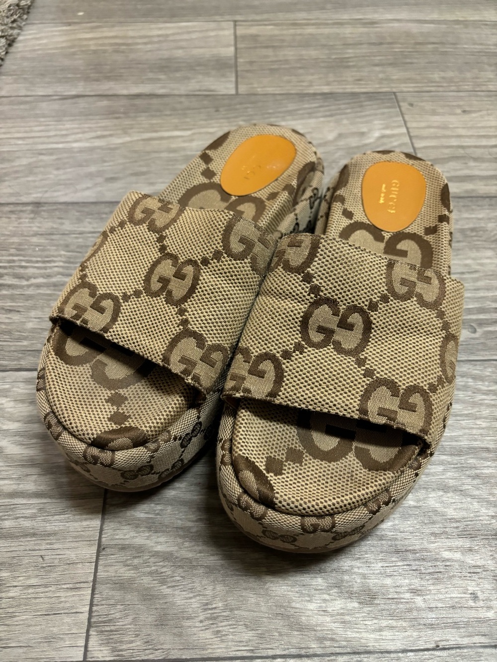 Gucci Beige GG Canvas Platform Slide Sandals